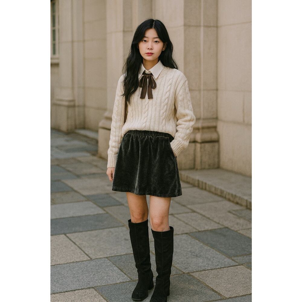 French Connection Grey Velvet Paperbag Waist Academia Mini Skirt With Pockets M